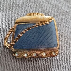 Blue Enamel and Gold Purse Design Brooch With Rhinestone Detail